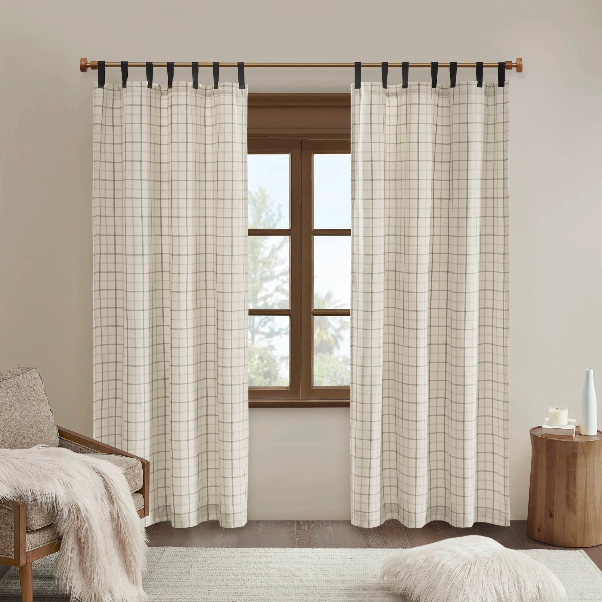 Anaheim Plaid Faux Leather Tab Top Curtain Panel with Fleece Lining - Image 5