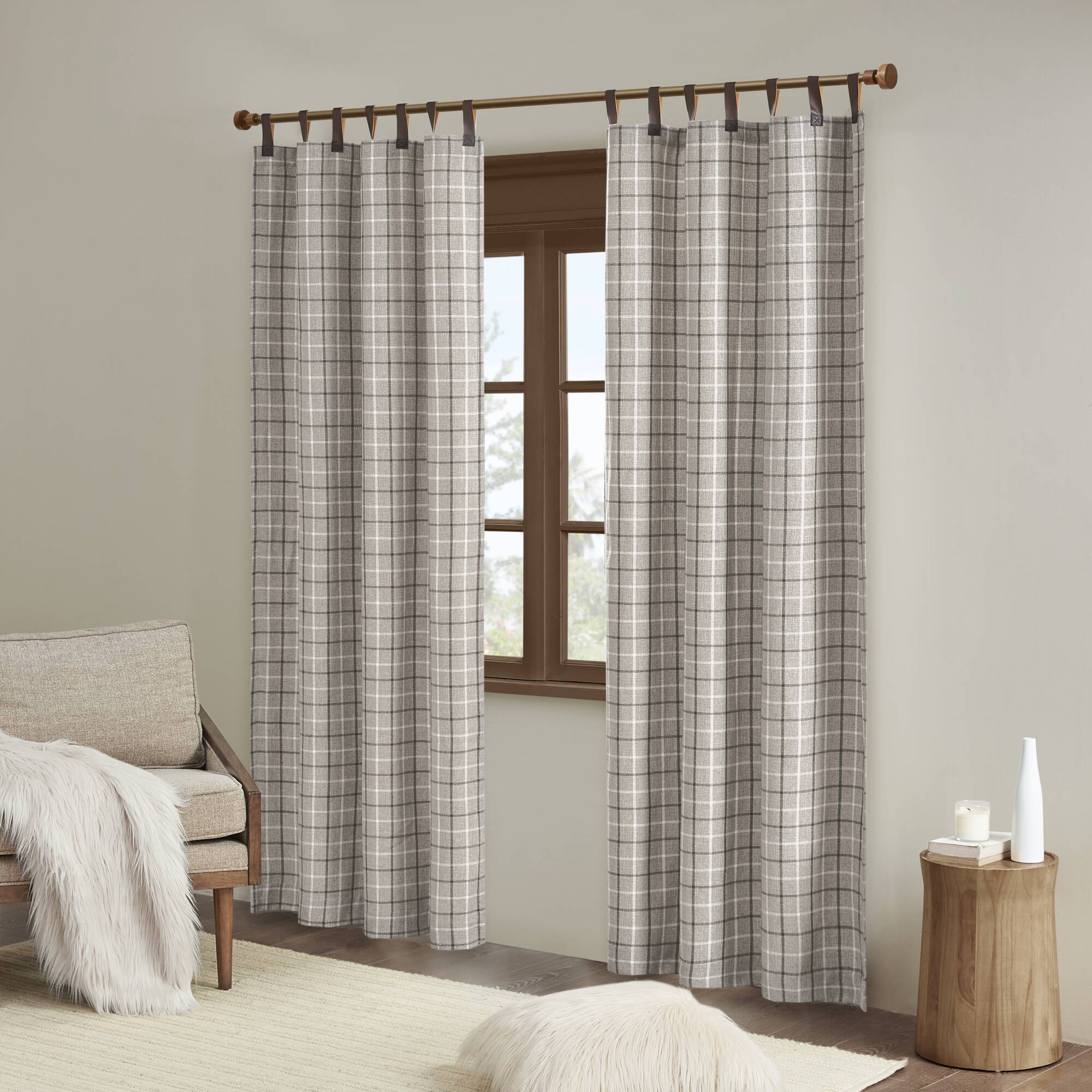 Anaheim Plaid Faux Leather Tab Top Curtain Panel with Fleece Lining - Image 9