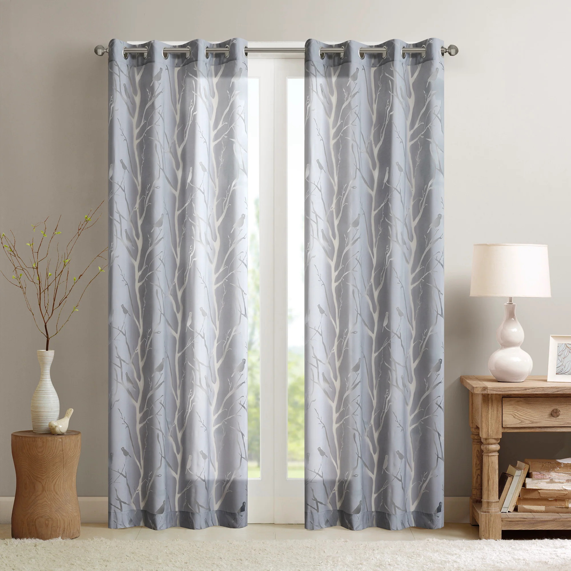 Averil Grommet Top Sheer Bird on Branches Burnout Window Curtain - Image 2