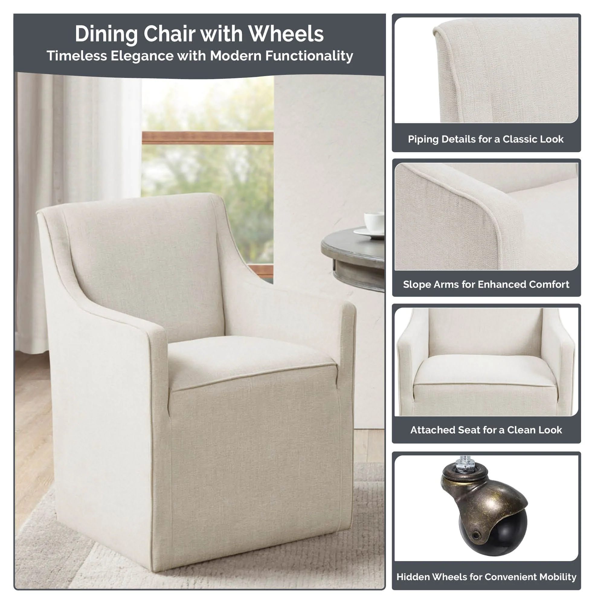 Charlotte Upholstered Dining Arm Chair with Hidden Casters - Image 42