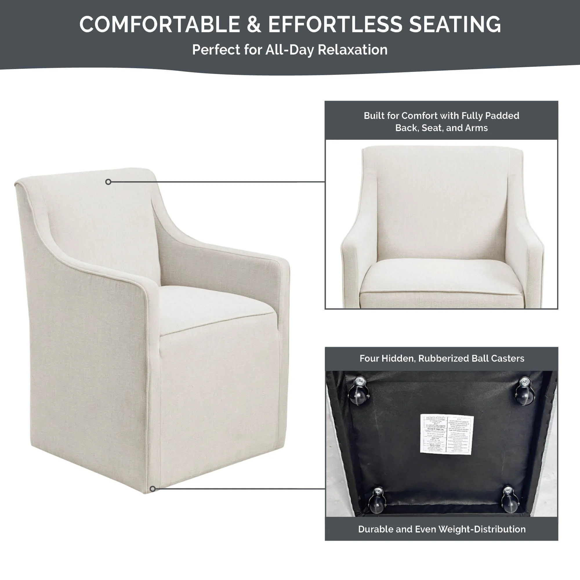 Charlotte Upholstered Dining Arm Chair with Hidden Casters - Image 43