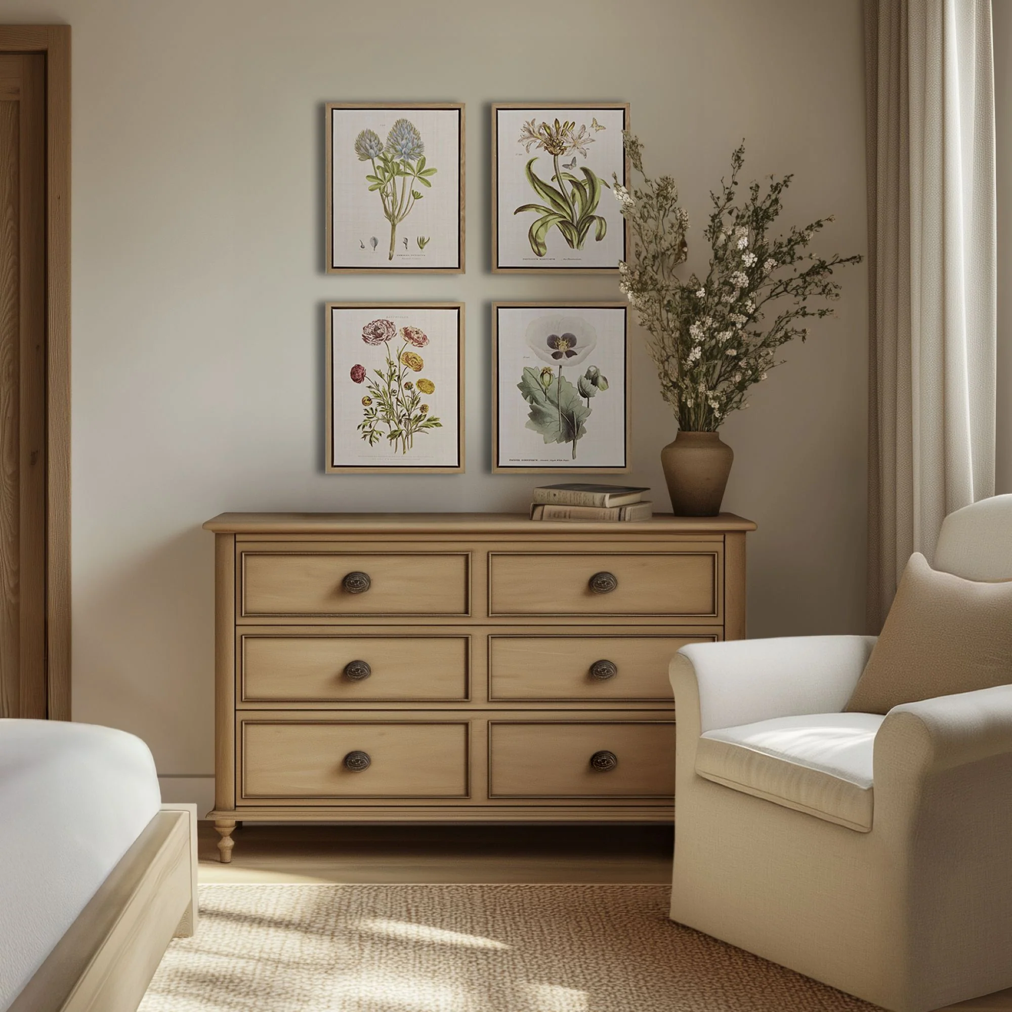 Herbal Botany 4-Piece Botanical Illustration Framed Canvas Wall Art Set