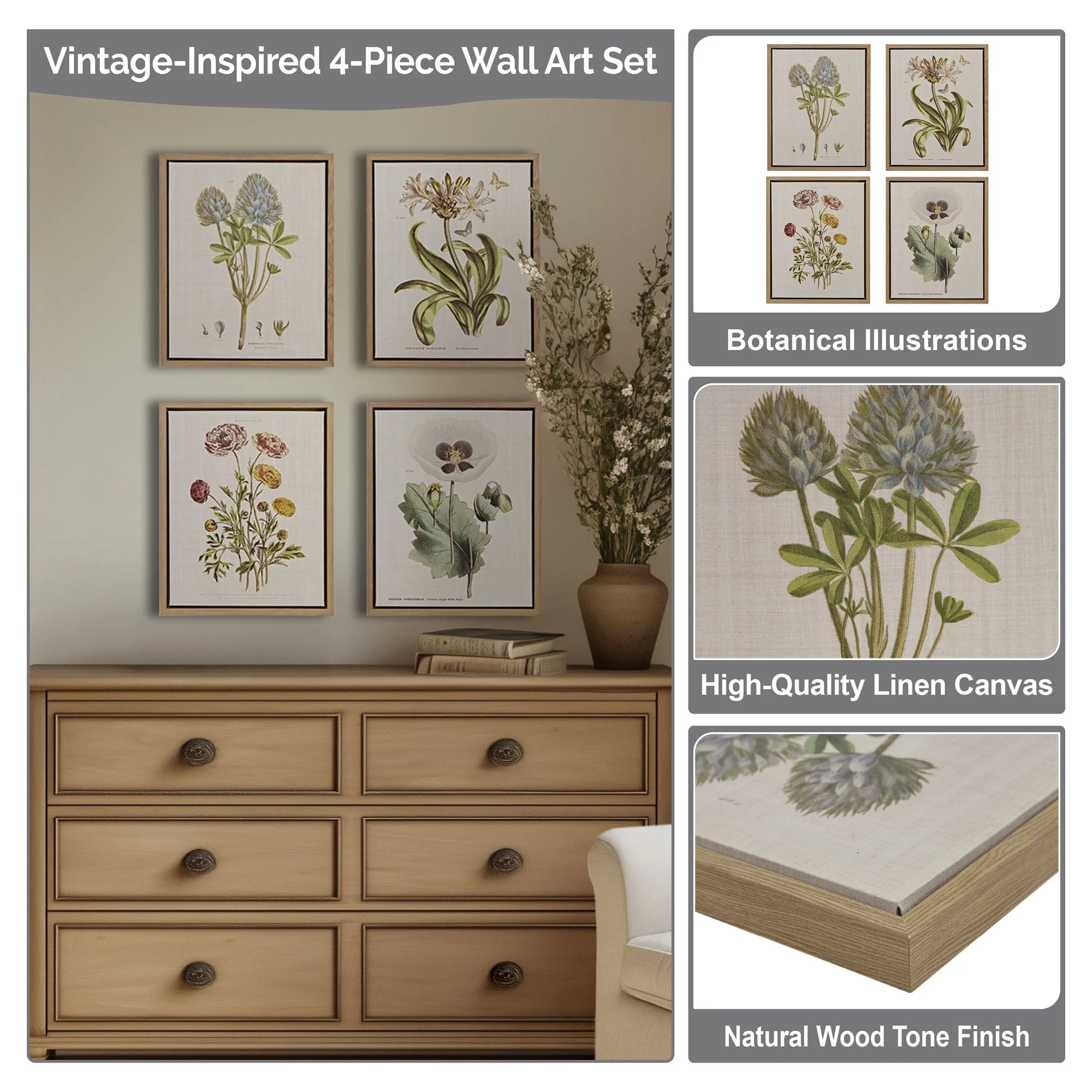 Herbal Botany 4-Piece Botanical Illustration Framed Canvas Wall Art Set - Image 21