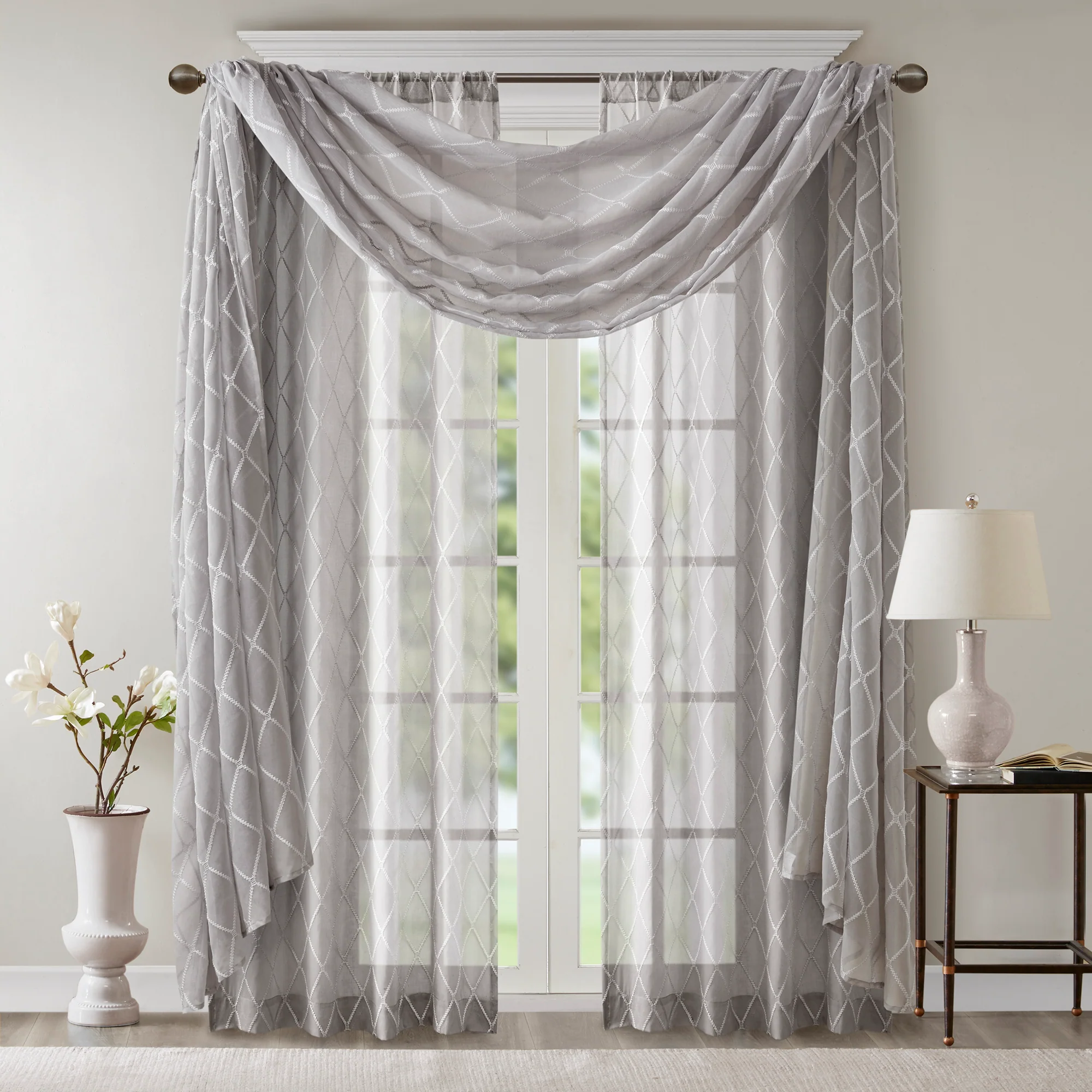Irina Diamond Sheer Embroidered Window Scarf - Image 15