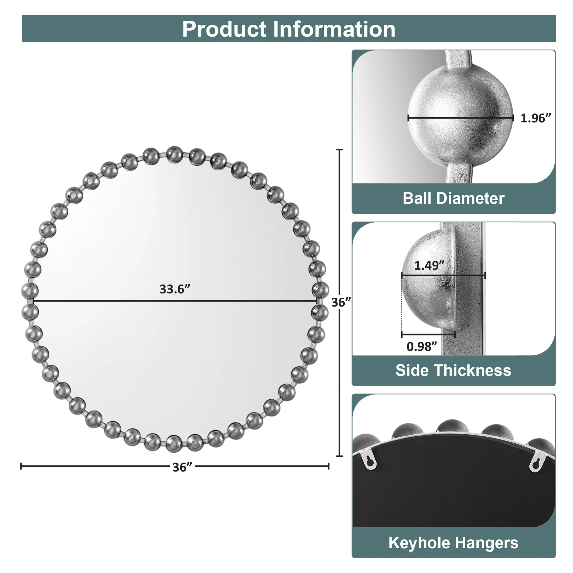 Marlowe 27" Medium Decorative Round Wall Mirror with Beaded Metal Frame - Image 77