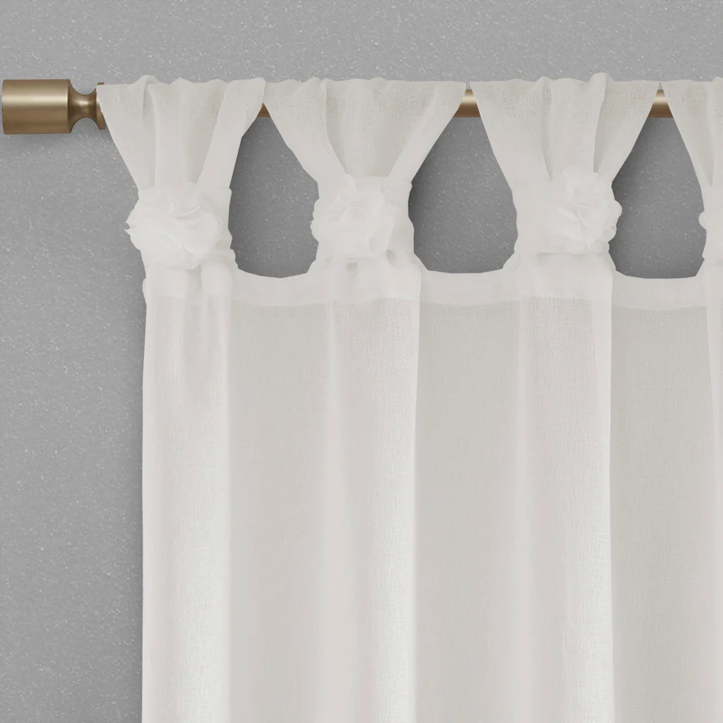 Rosette Floral Embellished Cuff Tab Top Solid Curtain Panel - Image 12