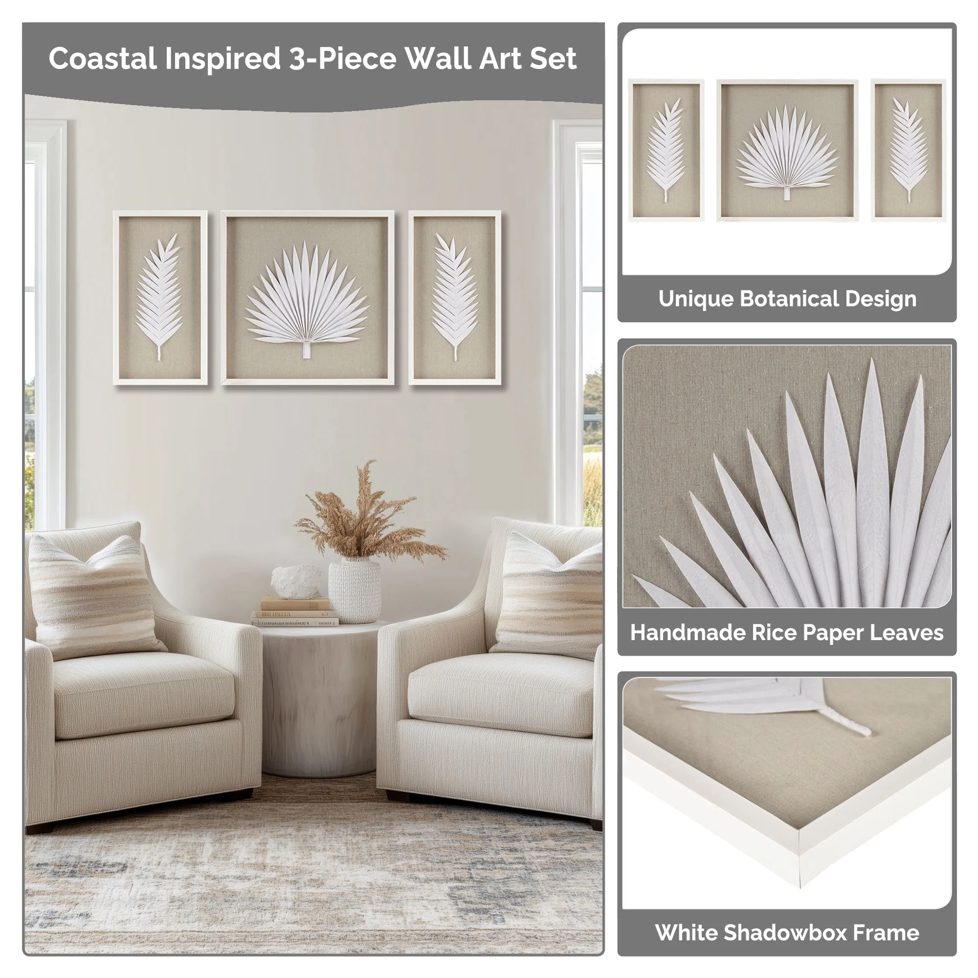 Sabal Framed Rice Paper Palm Leaves 3-Piece Shadowbox Wall Decor Set - Image 17
