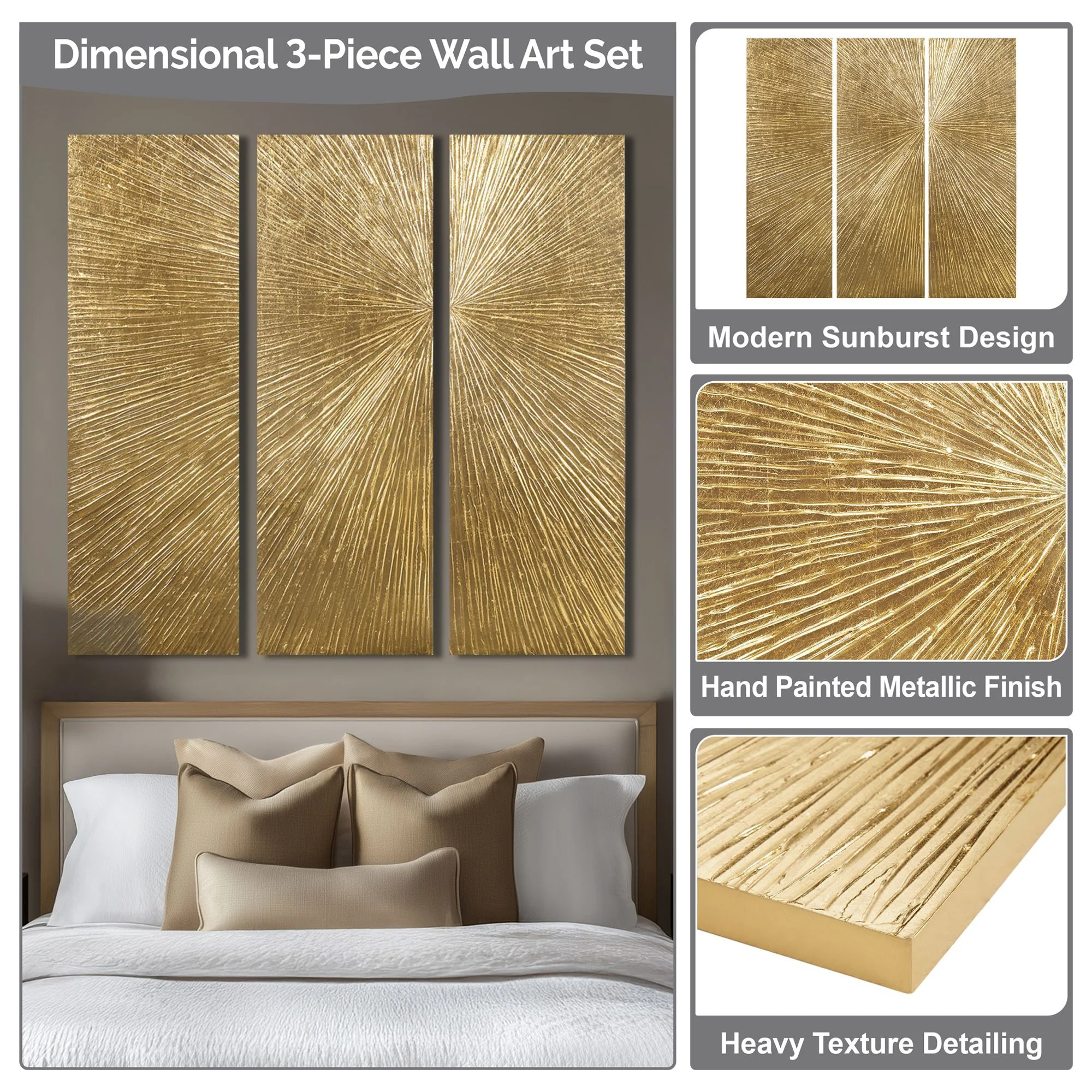 Sunburst Hand Painted Triptych 3-Piece Dimensional Resin Wall Art Set - Image 33