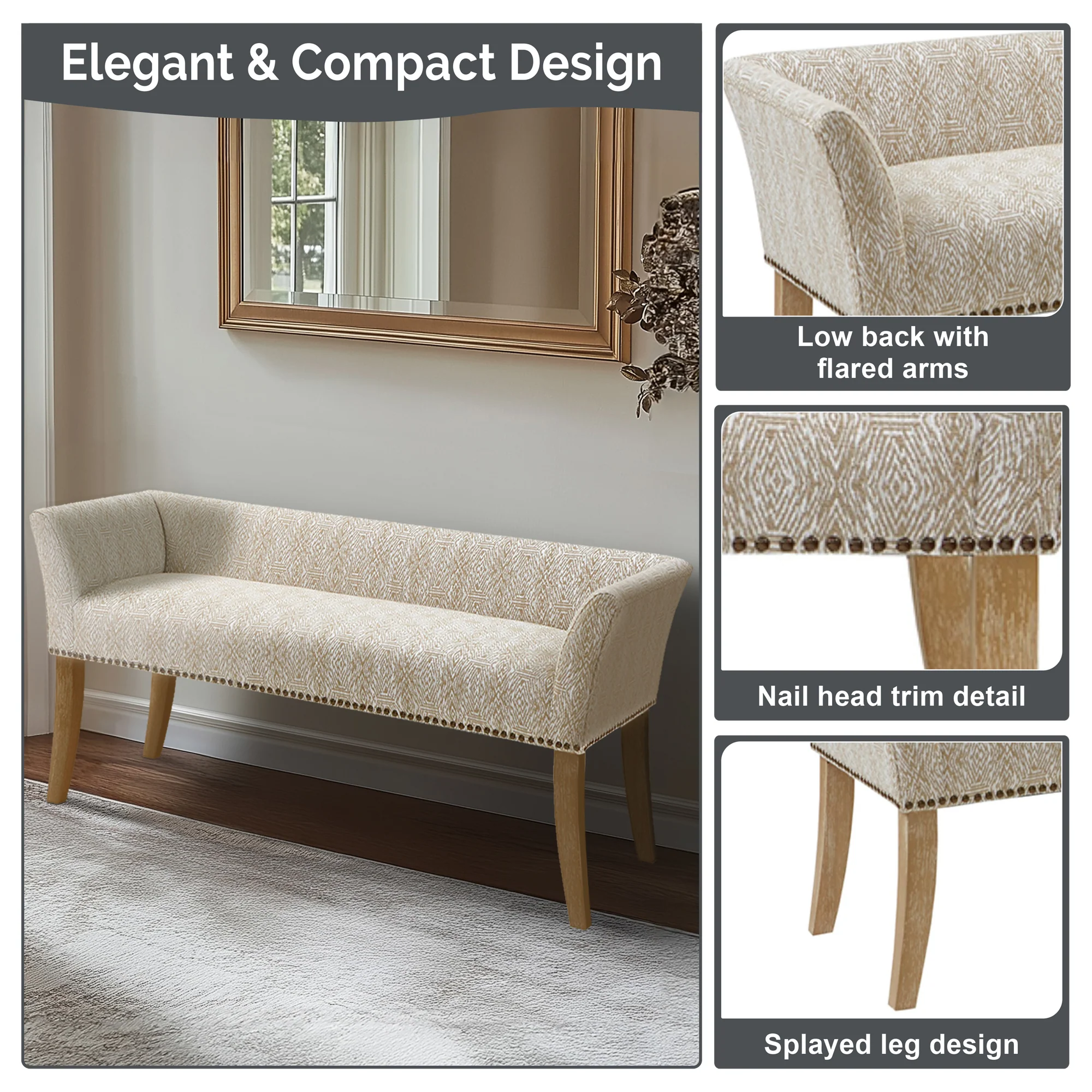 Welburn 49.5" Upholstered Bench with Back & Wood Legs - Image 40