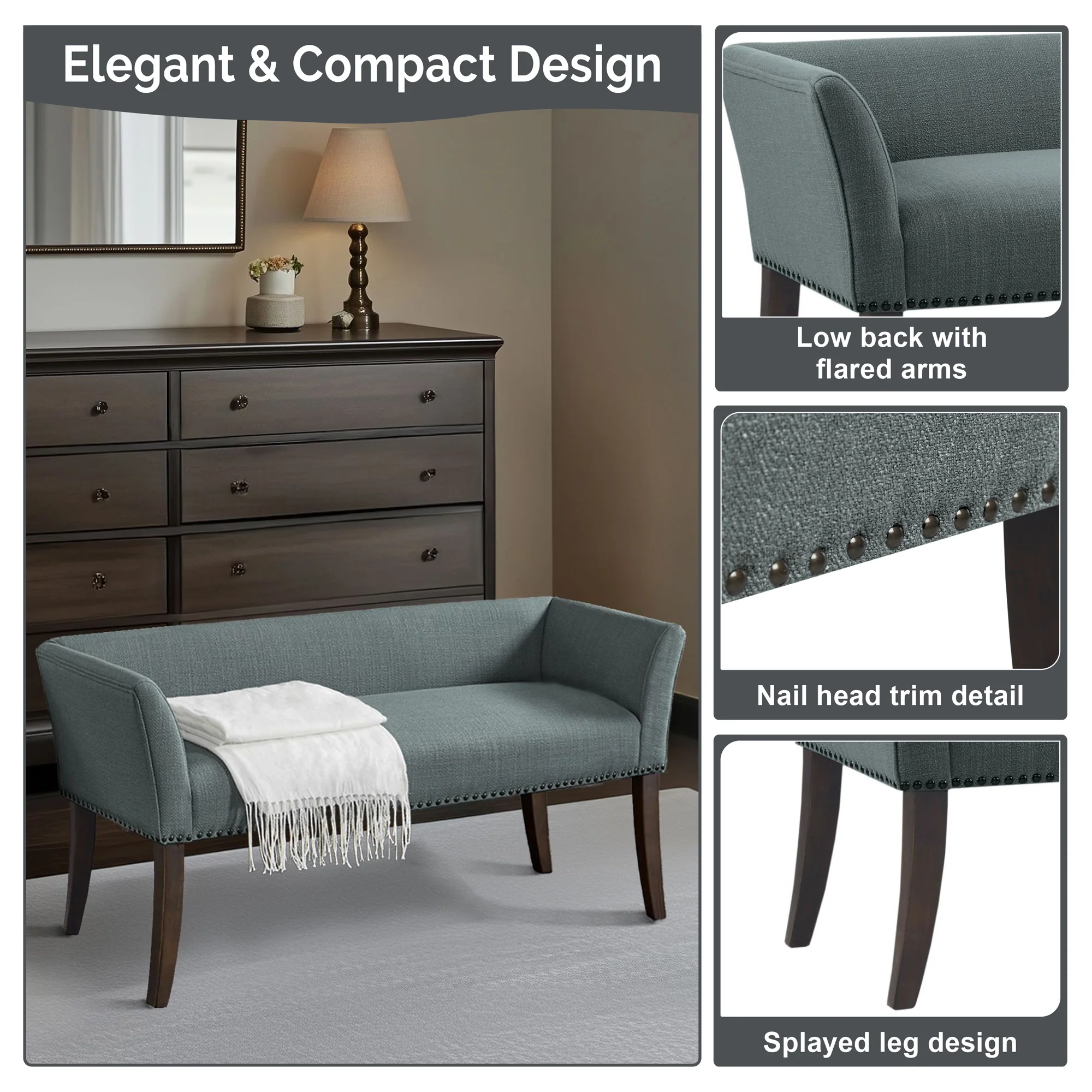 Welburn 49.5" Upholstered Bench with Back & Wood Legs - Image 48
