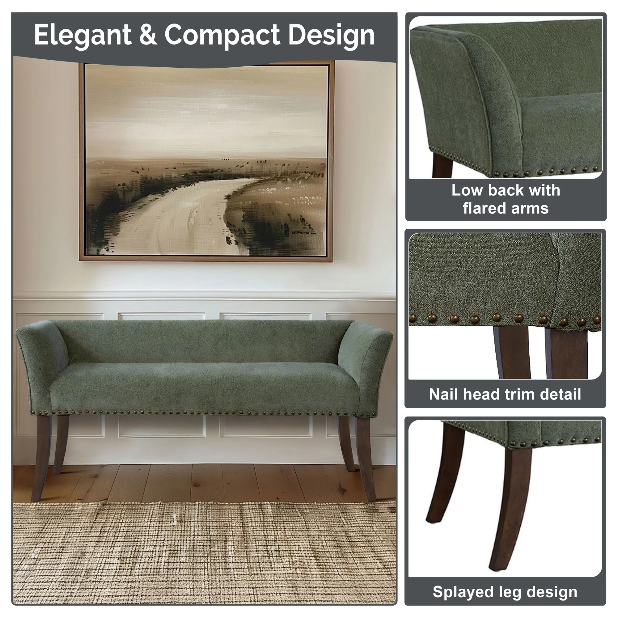 Welburn 49.5" Upholstered Bench with Back & Wood Legs - Image 49